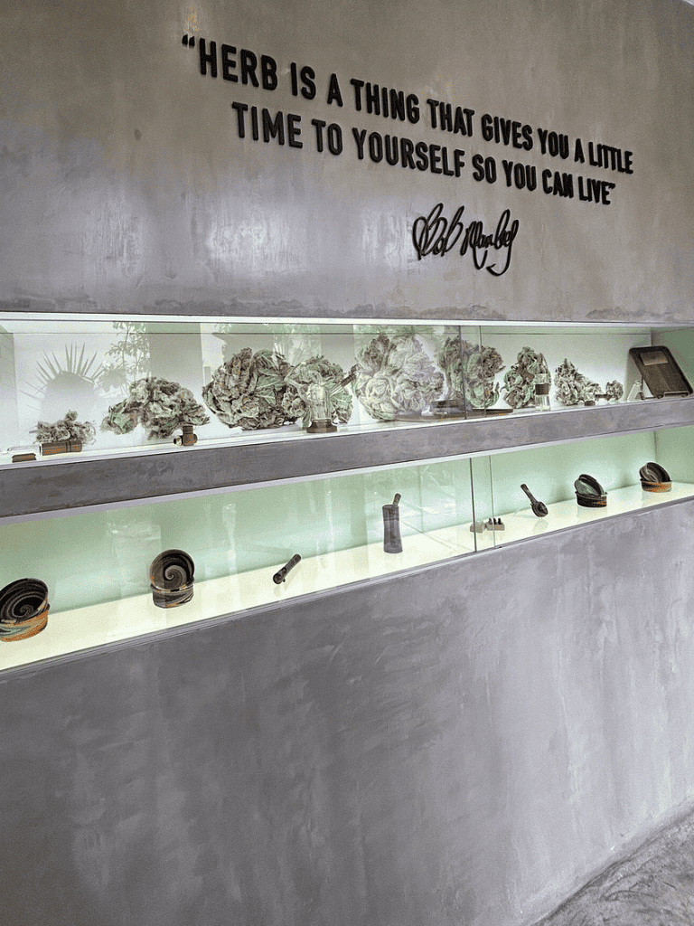 Herb display with dried herbs and herbs grinder at Quest for Directions.
