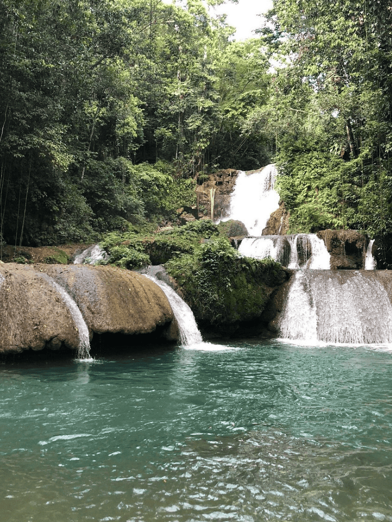 Serene waterfall cascading over rocks in lush green forest, clear water, peaceful nature scene.