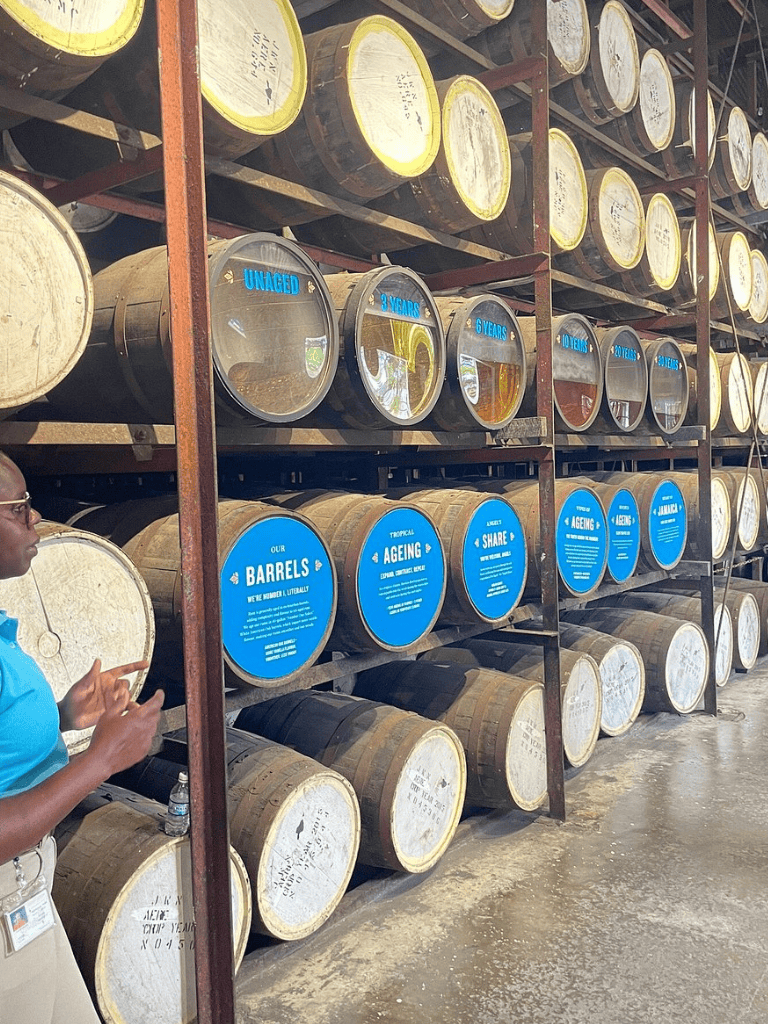Aging barrels in a warehouse for whisky or bourbon storage, showcasing different barrel ages and types.