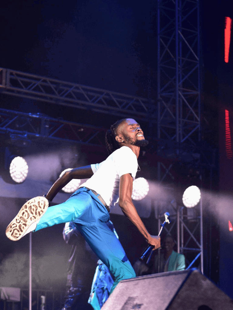 Energetic performer on stage at QuestForDirections event, vibrant concert setting, live music experience, dynamic stage show, entertainment excitement.