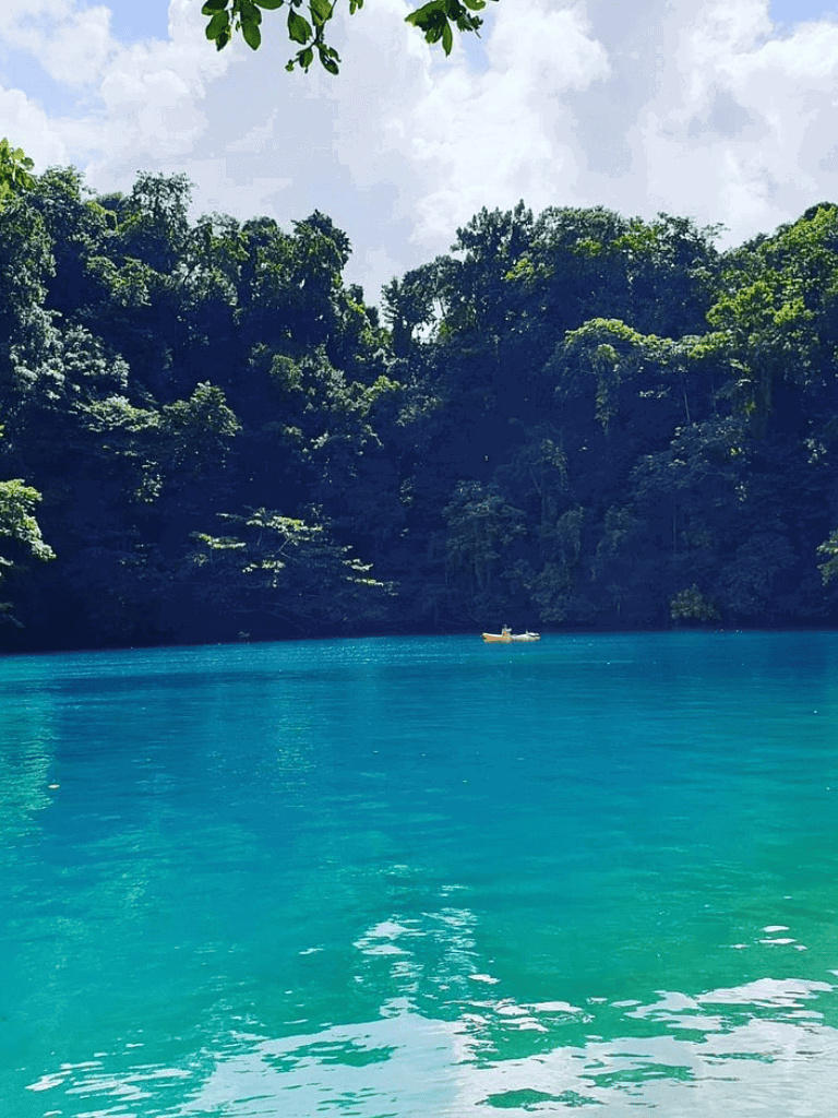 Serene tropical lake surrounded by lush green trees with a small boat on the water.