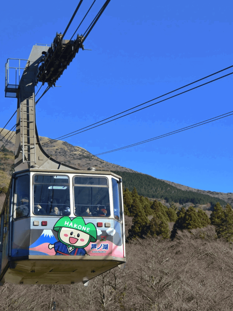 Cable car in mountain scenery with Hakone mascot, touristic transportation in Japan.