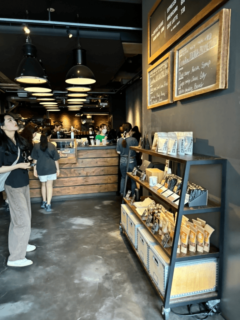 Coffee shop interior at QuestForDirections, modern decor with customers ordering.