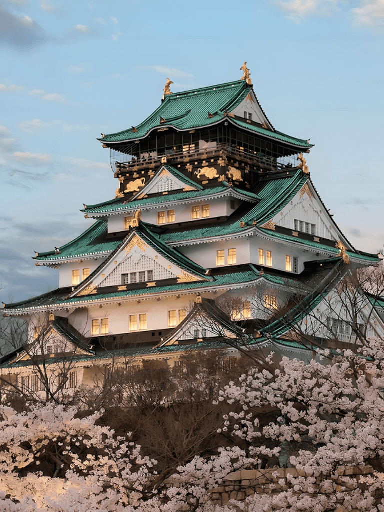 Traditional Japanese castle with cherry blossoms during spring, scenic historical site.