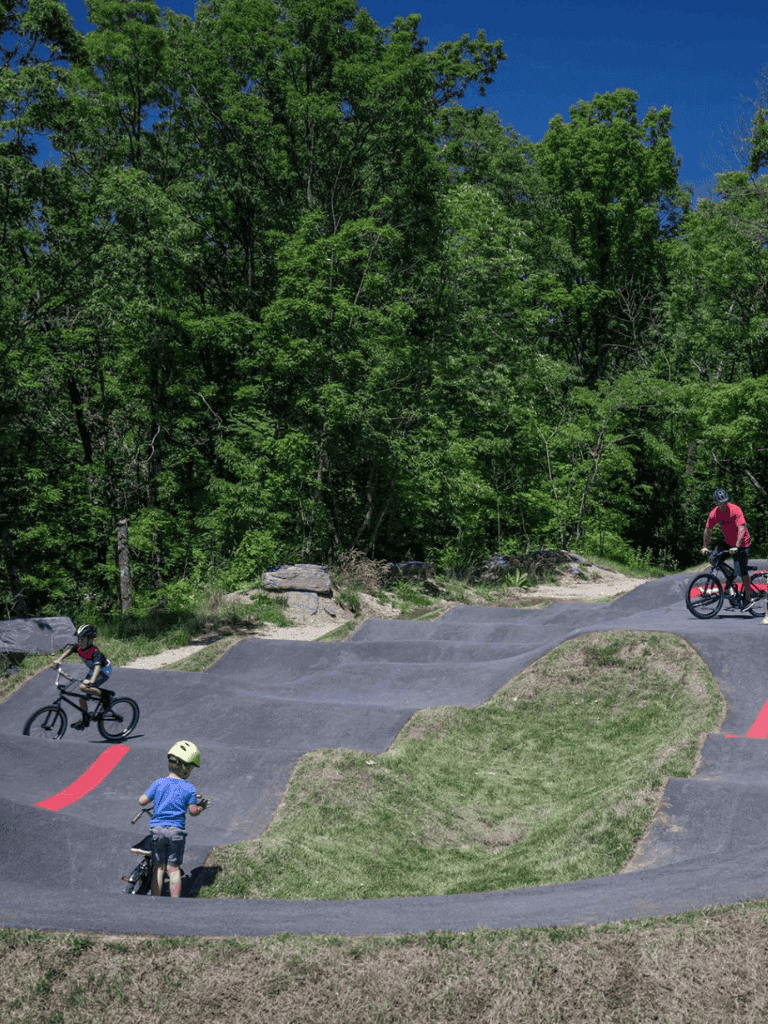 Bike park with kids riding on pump track and forest background.