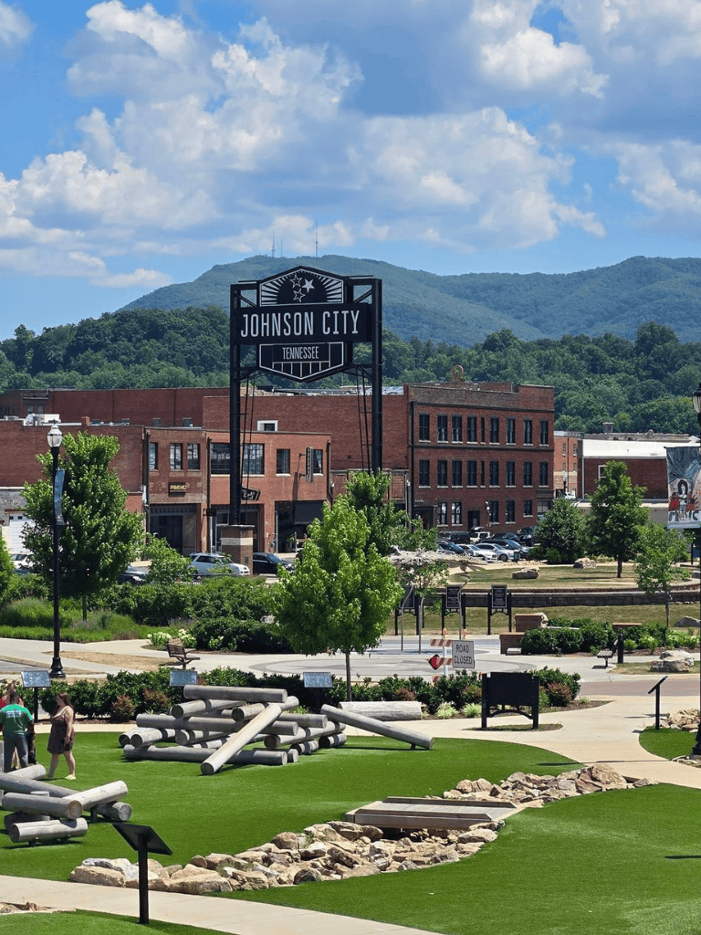 Johnson City Tennessee downtown area with parks and mountains in the background.