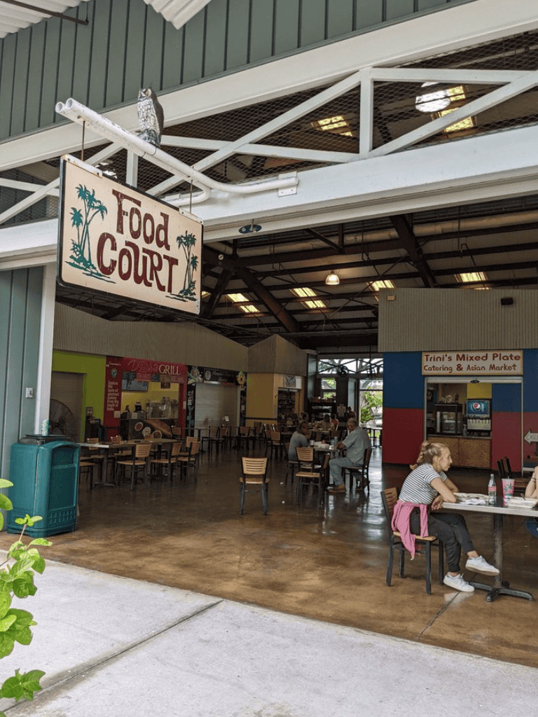 Food court at a shopping center with seating and various food vendors.