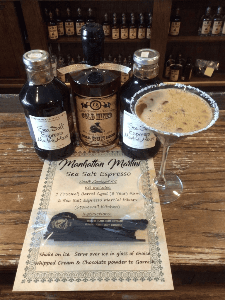 Sea Salt Espresso Martini mixer with gold miner syrup in a bar setting.