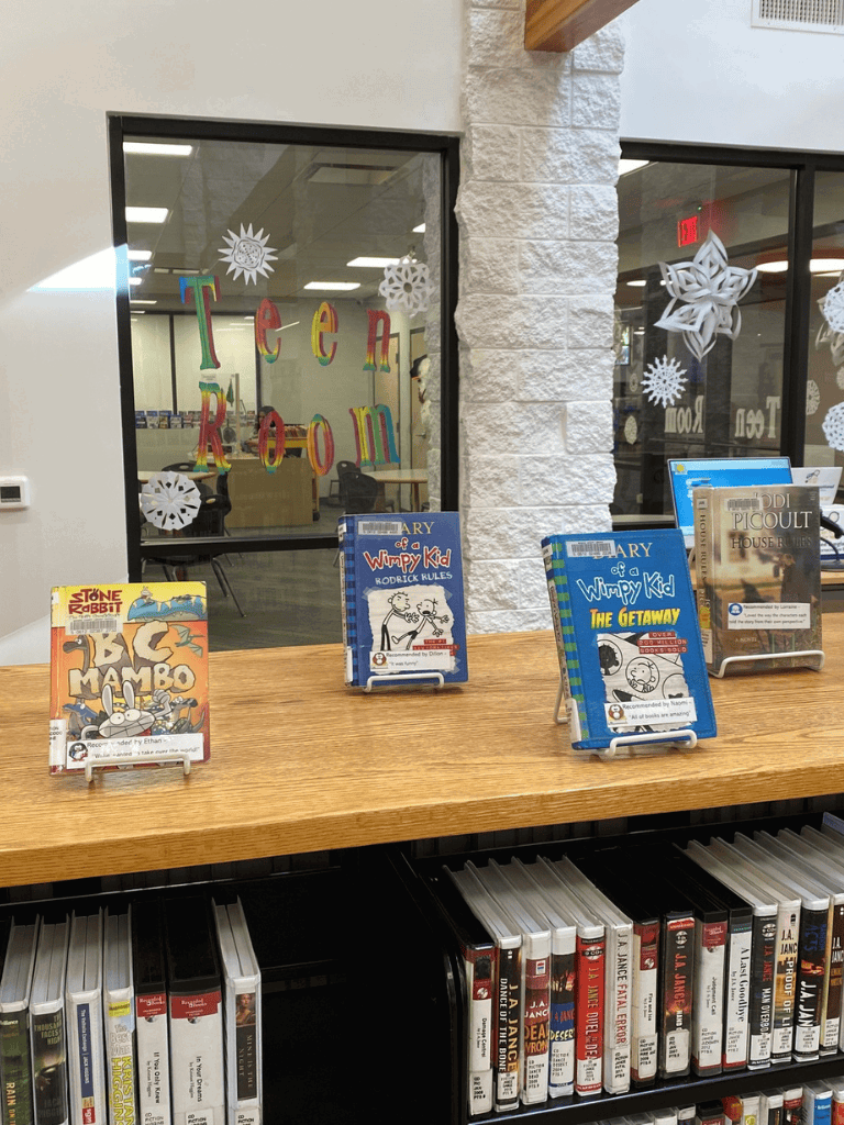 Colorful library books display at QuestForDirections with Christmas snowflake decorations in the background.