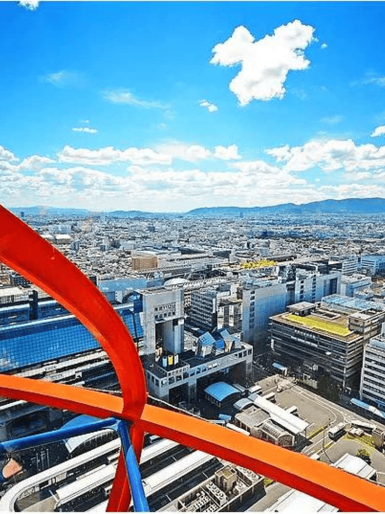 Vibrant cityscape view from high-rise observation deck showcasing urban skyline and blue sky with clouds.