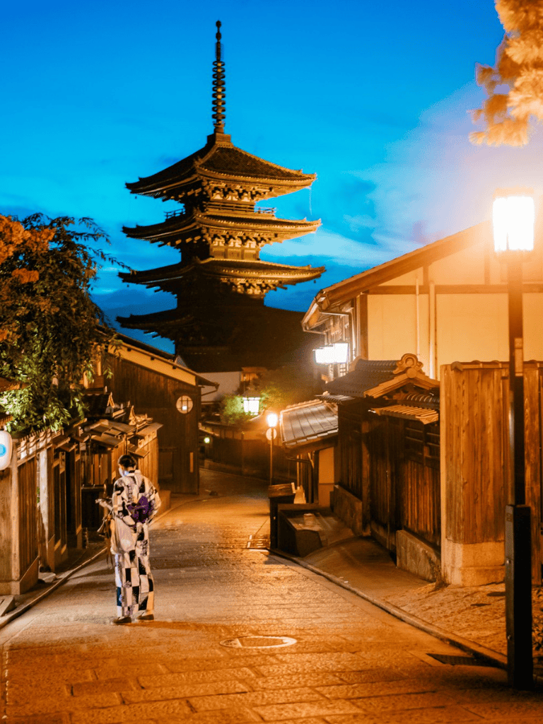 Ancient Japanese pagoda at dusk in Kyoto, traditional architecture, cultural heritage, Japan travel destination.