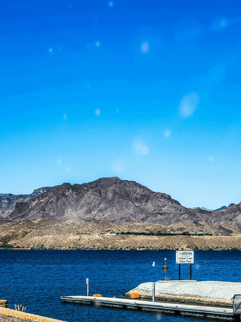 Lakeside view of Cattail Cove State Park in Arizona with mountain backdrop and clear blue sky.