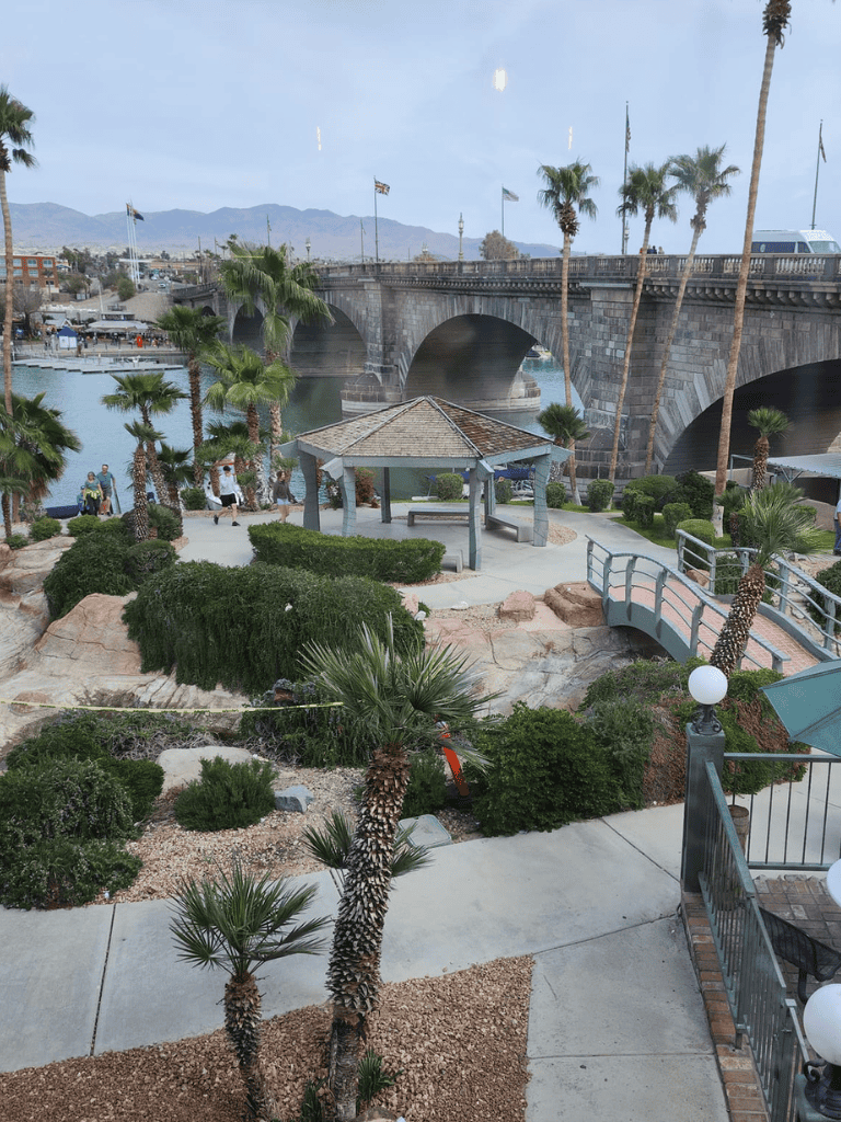 Vibrant waterfront park with palm trees and mountain views near QuestForDirections.