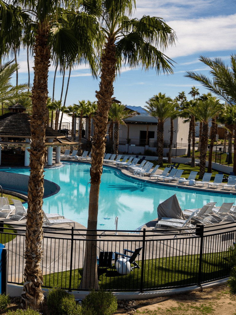 Relaxing poolside oasis surrounded by palm trees at QuestForDirections resort.