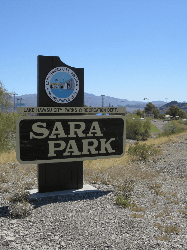 Scenic view of Sara Park entrance at Lake Havasu City, Arizona. Ideal for outdoor recreation and local park activities.