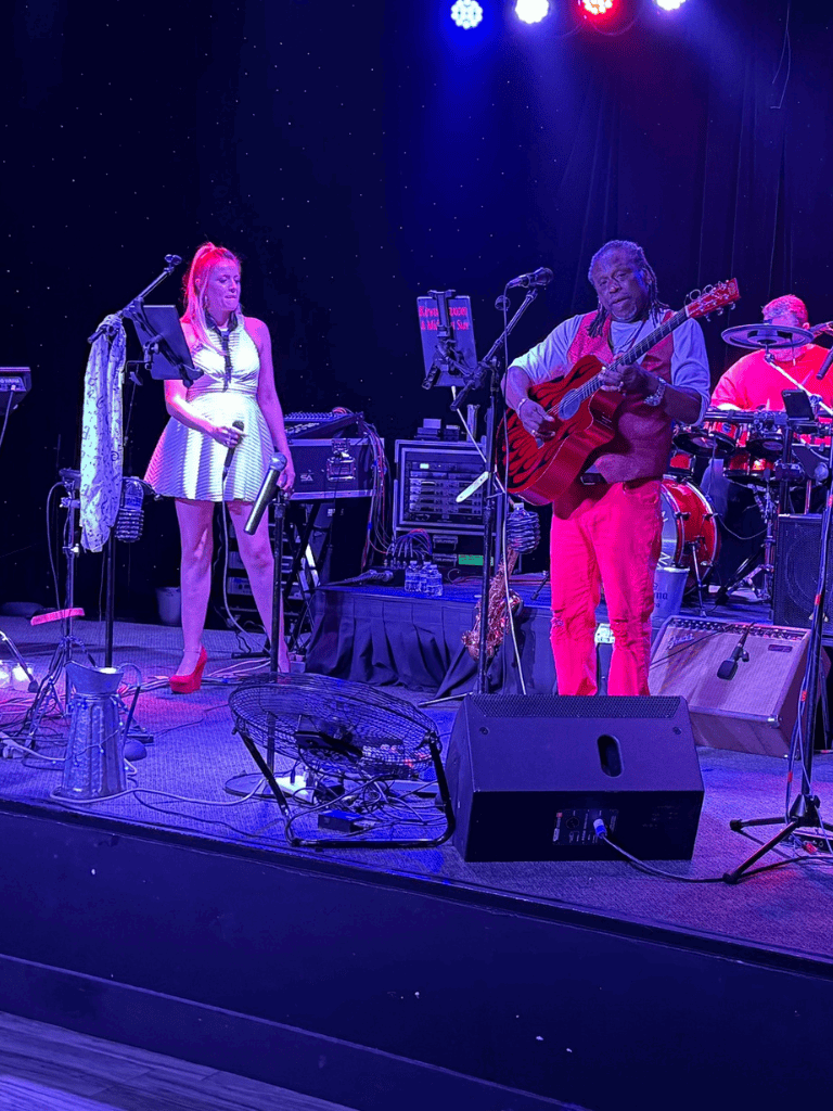 Live music performance with a singer and guitarist on stage, vibrant lighting and musical instruments.