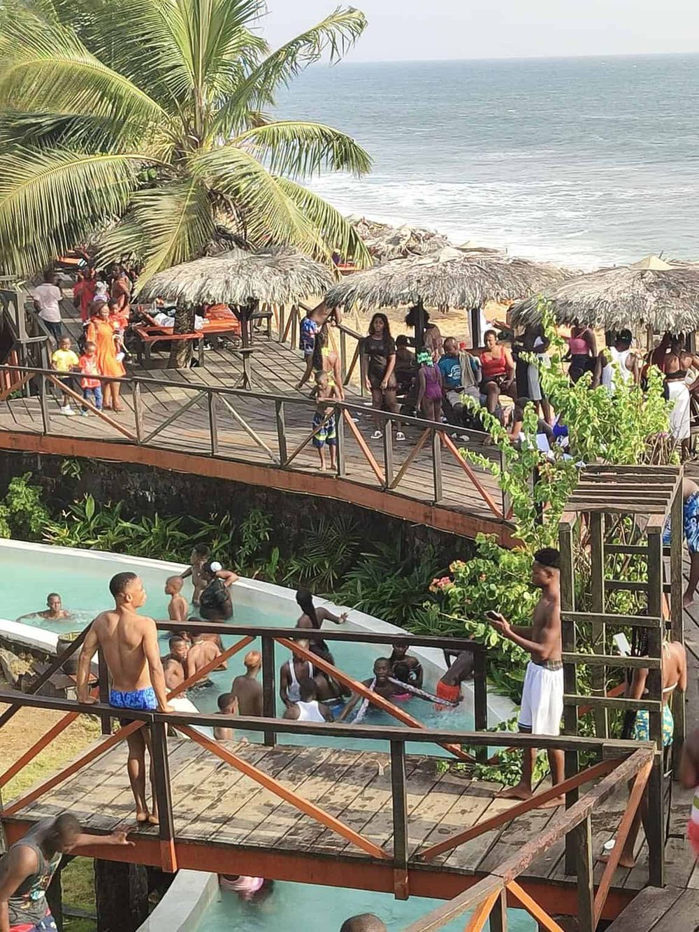 Young people enjoying outdoor pool and beach scene at tropical resort with palm trees and ocean in background.
