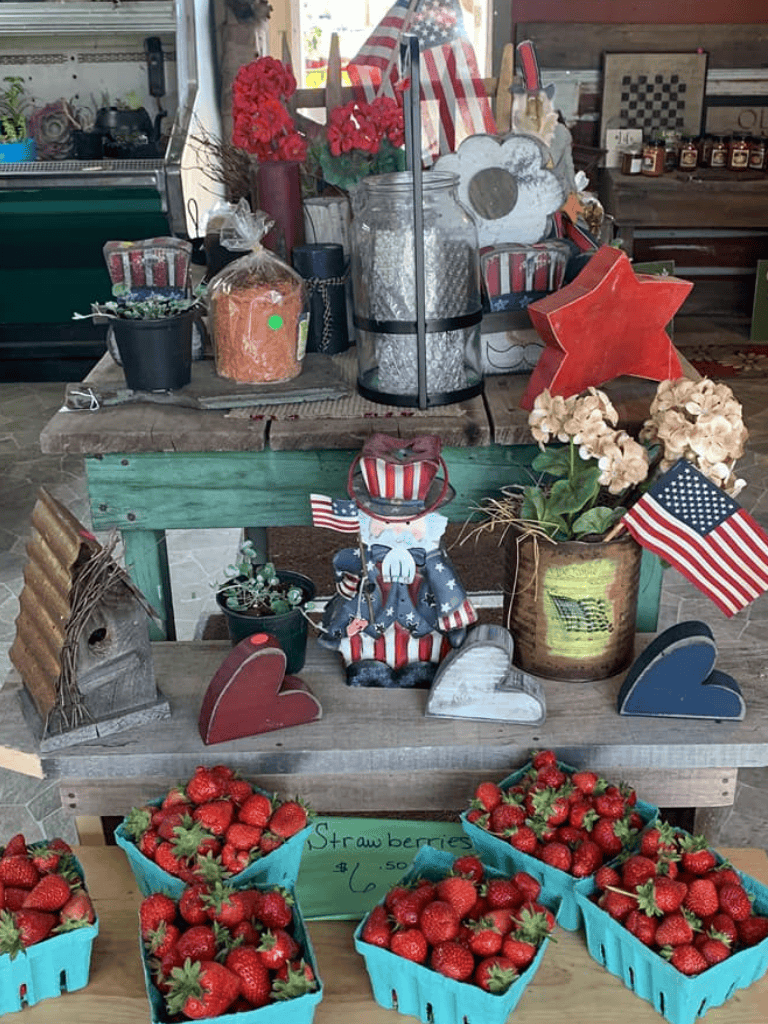Red, white, and blue patriotic home decor with American flags, strawberries, and rustic accents at QuestForDirections.