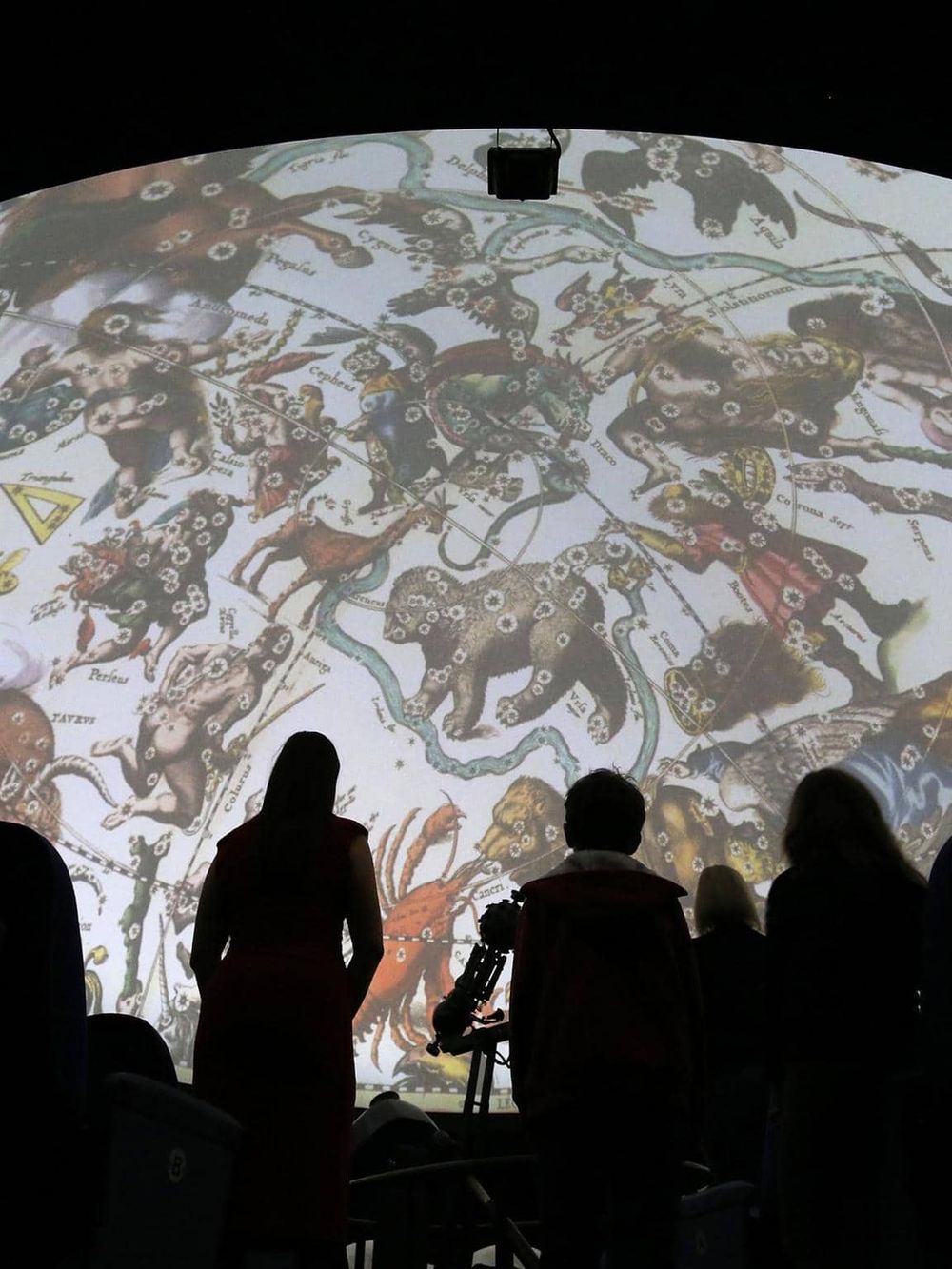 Vast constellation map projected on dome with silhouettes of people viewing astronomical display.