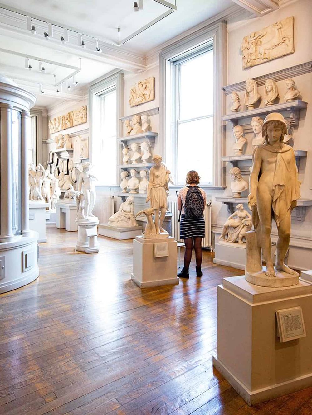 Ancient Greek and Roman sculpture museum interior with classical marble busts and statues on display.