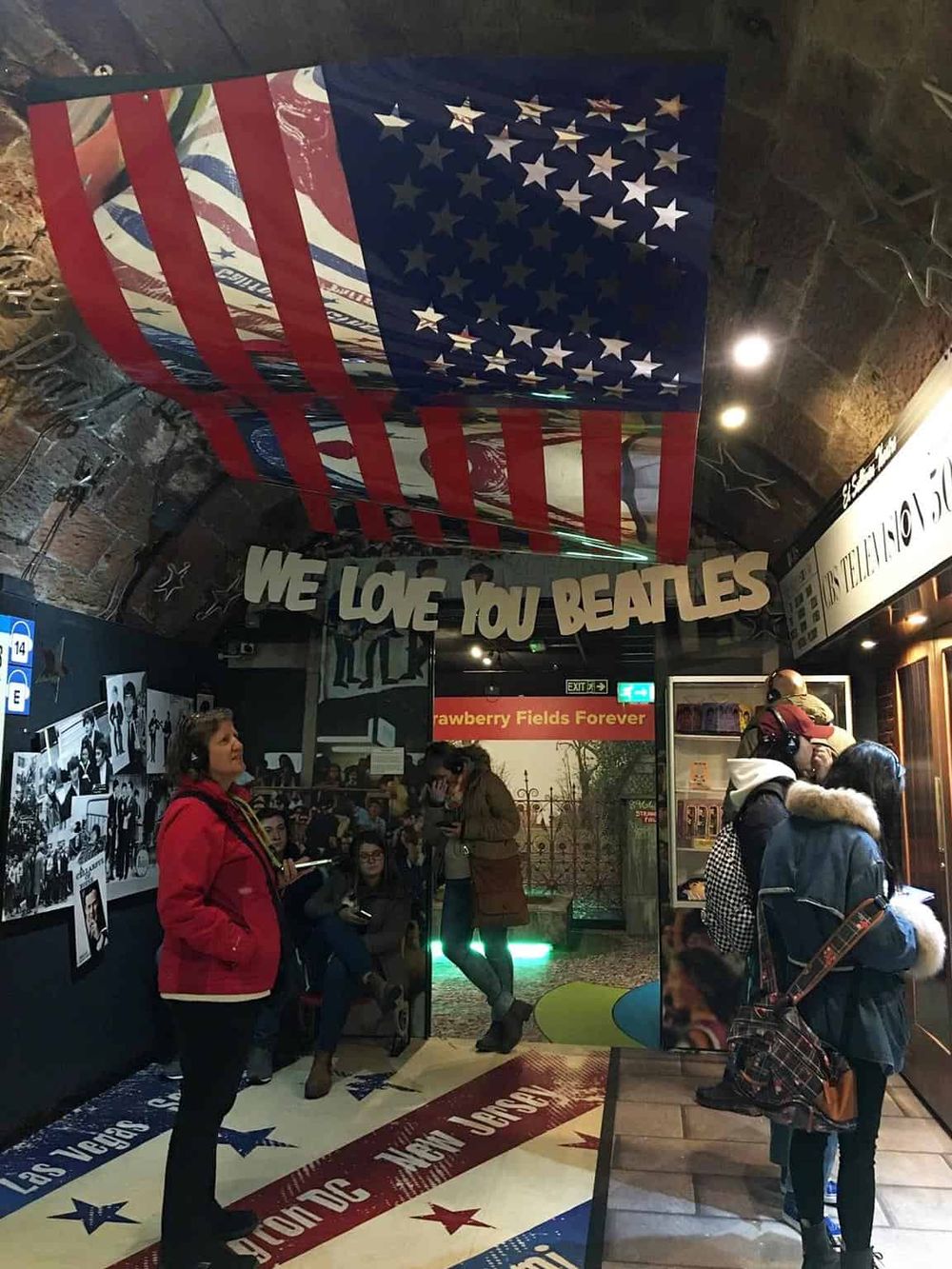 American flag display at Beatles Museum exhibit in Las Vegas, celebrating the Beatles' legacy.