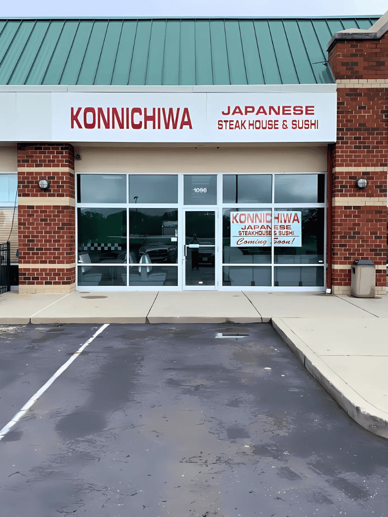 Konnichiwa Japanese steak house and sushi restaurant storefront.