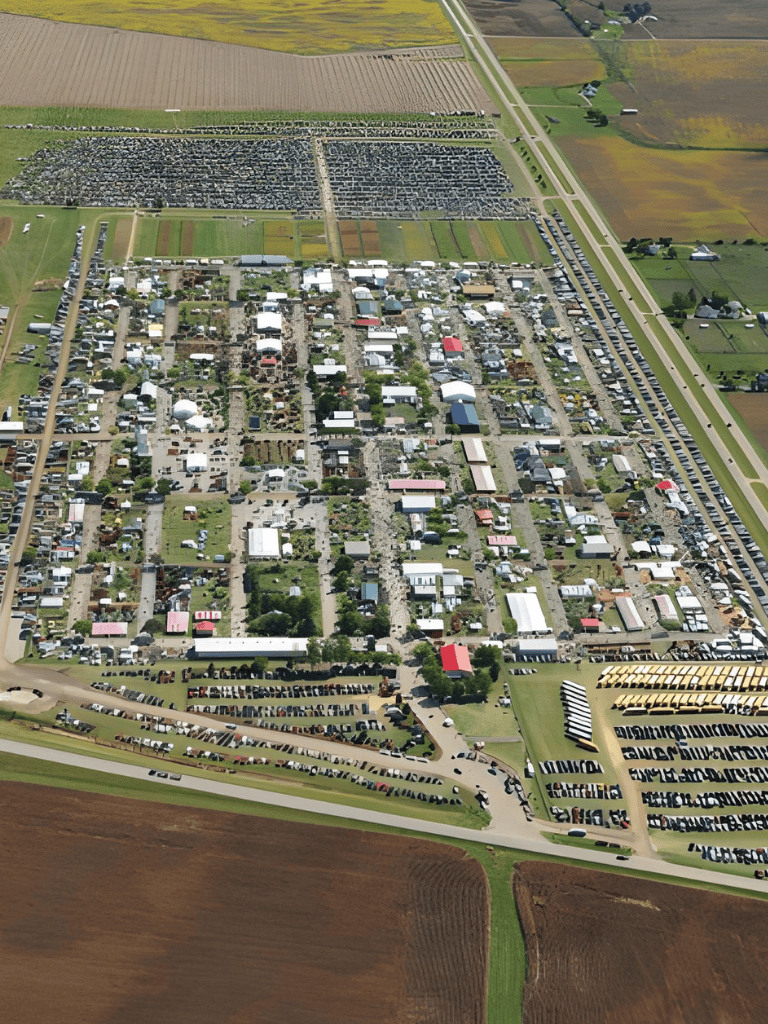 Aerial view of QuestForDirections community with homes, roads, and surrounding farmland.