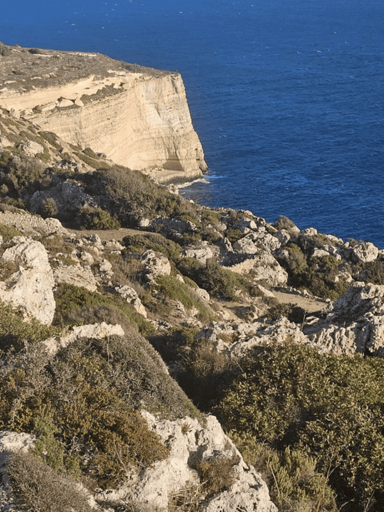 Vast rocky coastline with steep cliffs overlooking the blue ocean, rugged terrain, and sparse coastal vegetation.