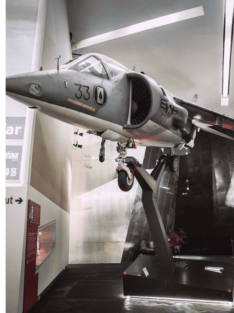 Vintage fighter jet on display at QuestForDirections museum, showcasing aviation history and technology.