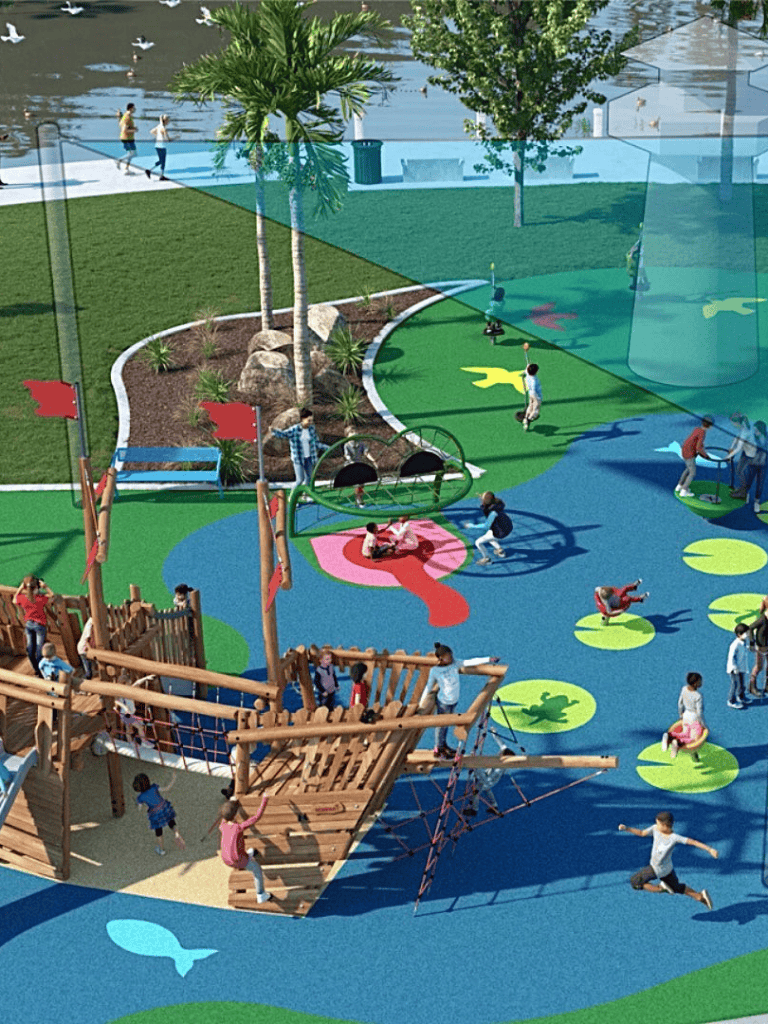 Colorful children's playground with swings, slides, and water features at QuestForDirections.