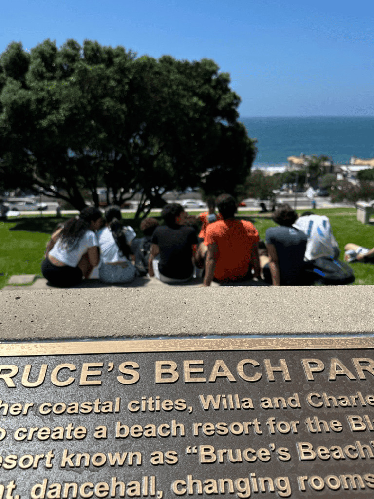Overlooking a beach with a group of young people sitting under a large tree at Bruce's Beach Park, California.