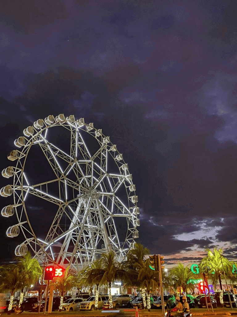 Vibrant Ferris wheel illuminated at night with palm trees and parking lot nearby for a fun amusement park experience.