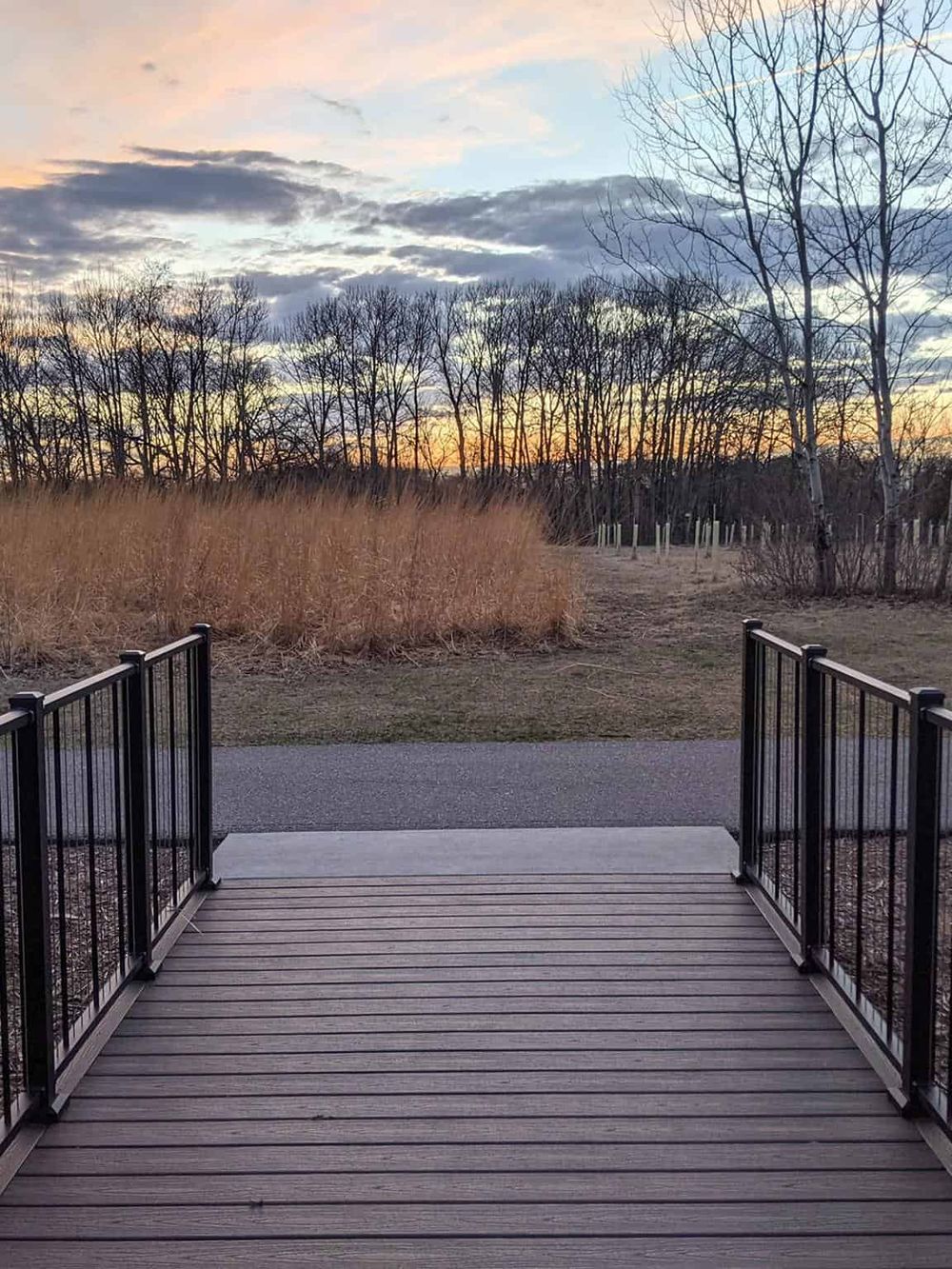 Serene sunset view from a wooden bridge overlooking a field and leafless trees, perfect for nature and outdoor enthusiasts.