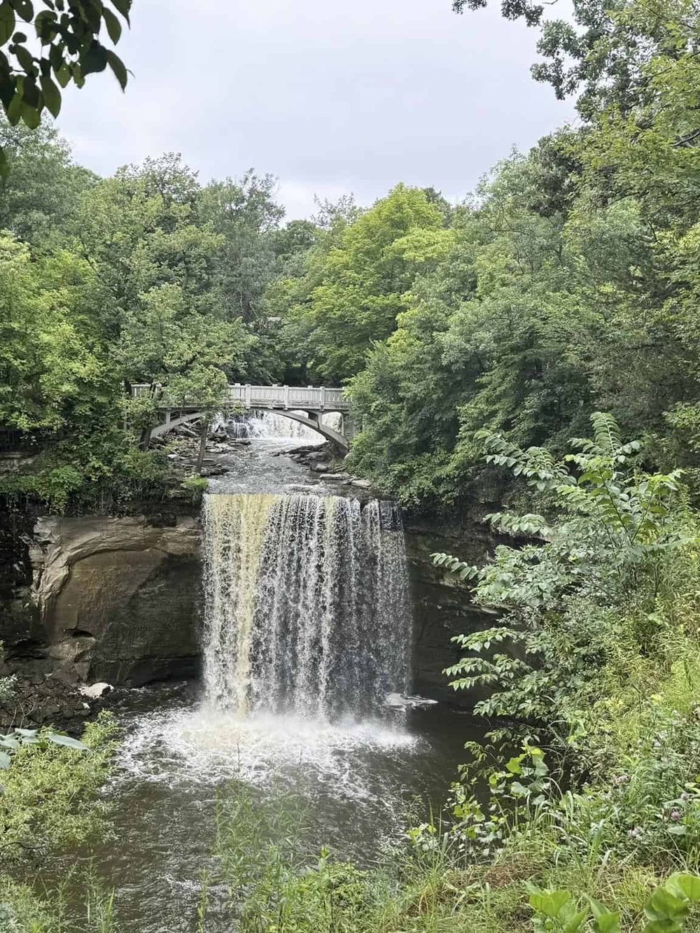 Serene waterfall with lush green trees and a small arched bridge, perfect for nature lovers and outdoor adventures.