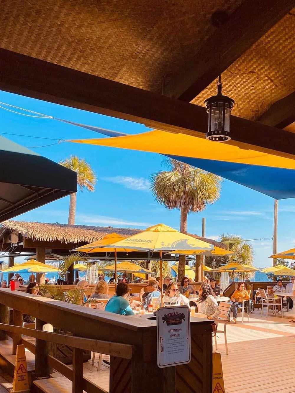 Vibrant outdoor restaurant patio with yellow umbrellas and palm trees, perfect for seaside dining.
