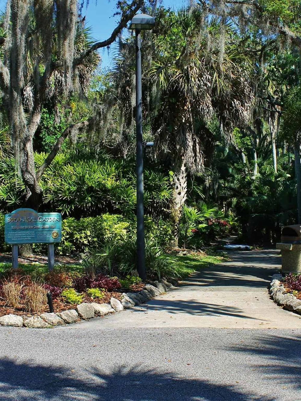 Lush tropical botanical garden with a pathway, tropical plants, and informational sign, inviting exploration of nature.