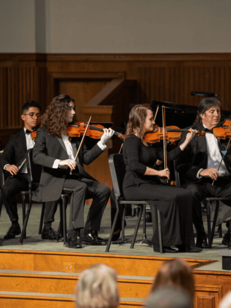 Elegant classical orchestra performance featuring violinists on stage.