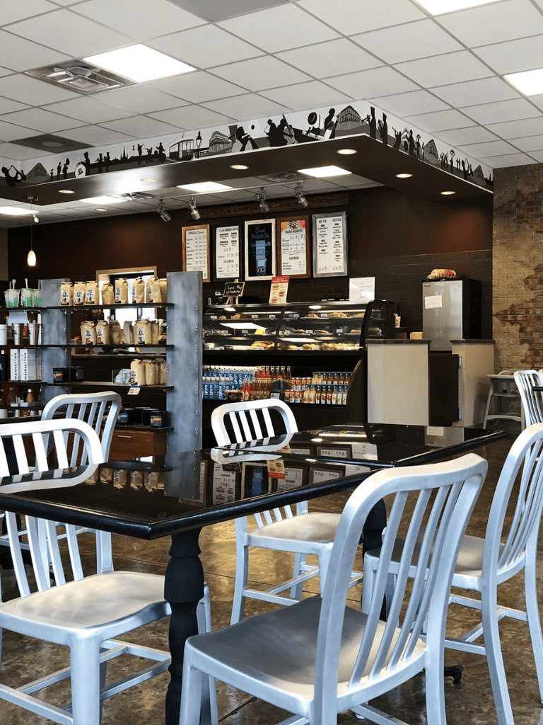 Cozy coffee shop interior with seating, bakery display, and city skyline decor on the ceiling. Perfect for cafe lovers and coffee enthusiasts.