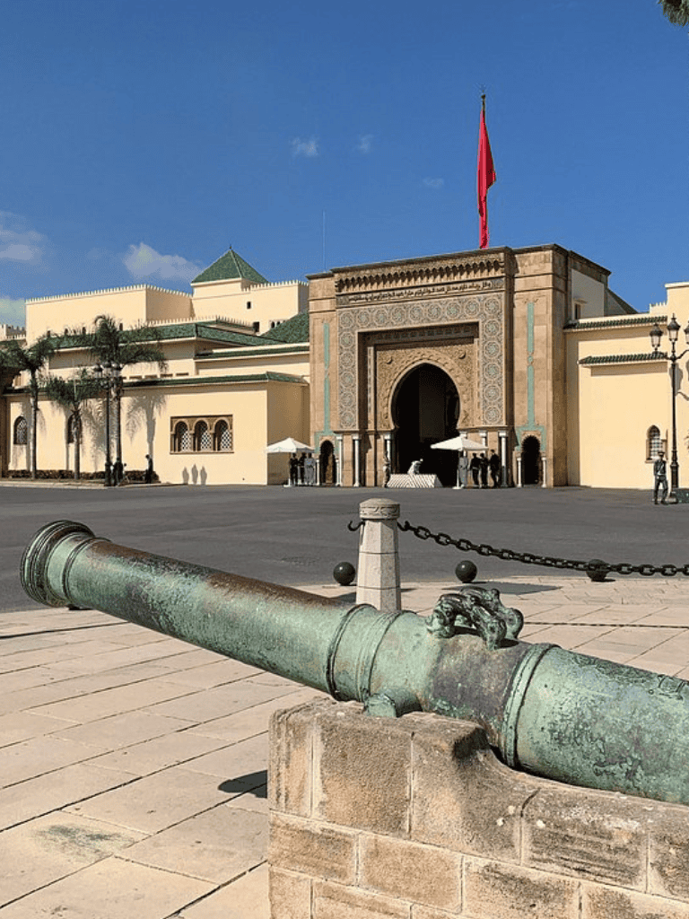 Historic Moroccan cannon in front of the Royal Palace in Marrakech, Morocco.