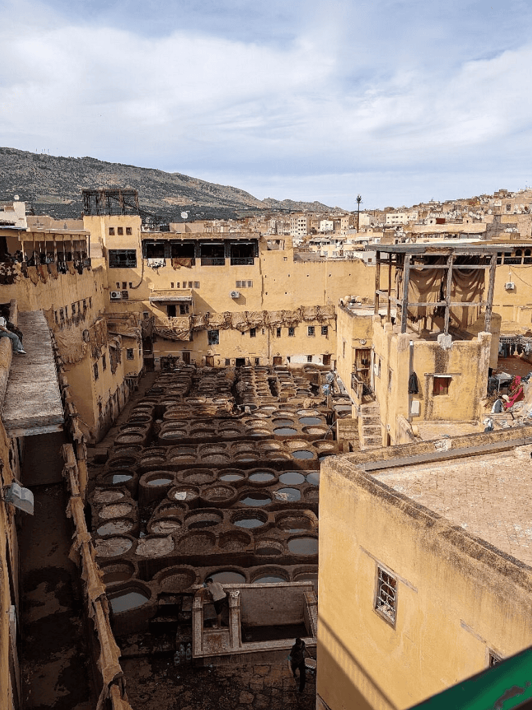 Aromatic traditional leather tanning pits in Marrakesh medina, reflecting Morocco's craftsmanship and vibrant history.