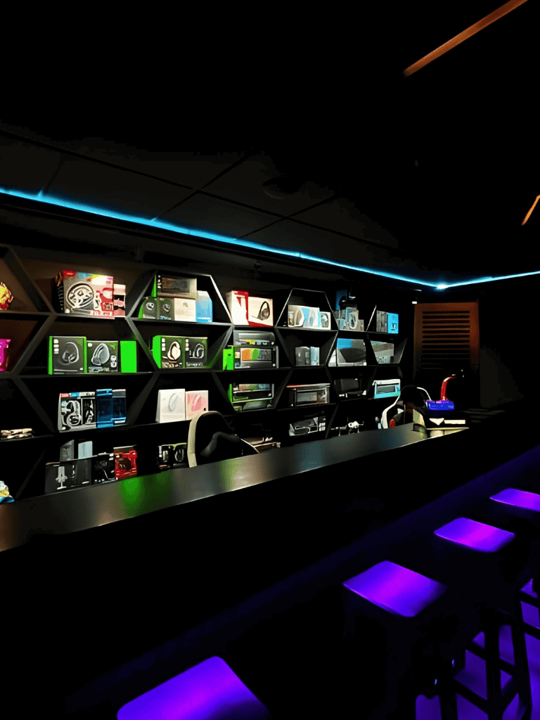 Bluetooth headphones display in modern electronics store, illuminated shelving units, sleek black counter, ambient lighting.