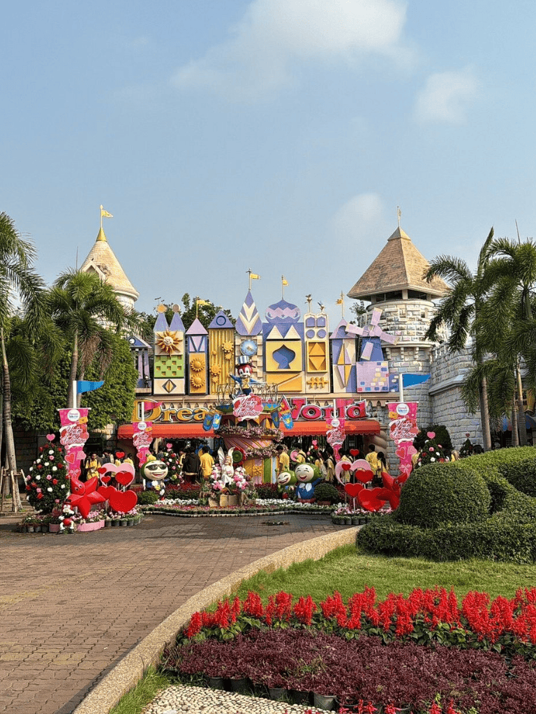 Colorful Disneyland Dreamland castle decorated for Valentine's Day celebration.