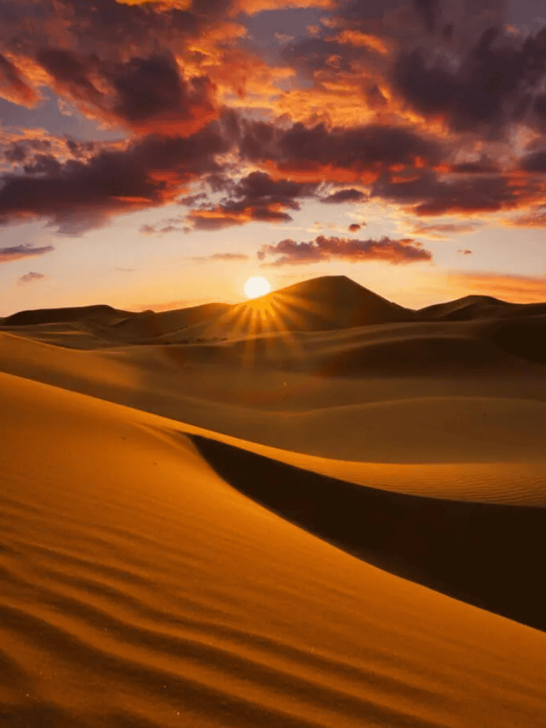 Golden desert sunset over sand dunes at dusk, scenic desert landscape, travel and adventure imagery.