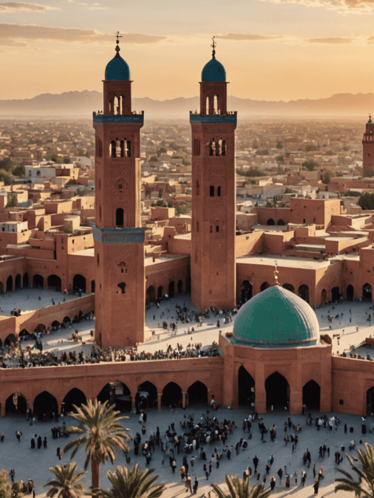 Ancient mosque in Morocco during sunset, iconic minarets and lively courtyard, cultural heritage, travel destination, QuestForDirections.