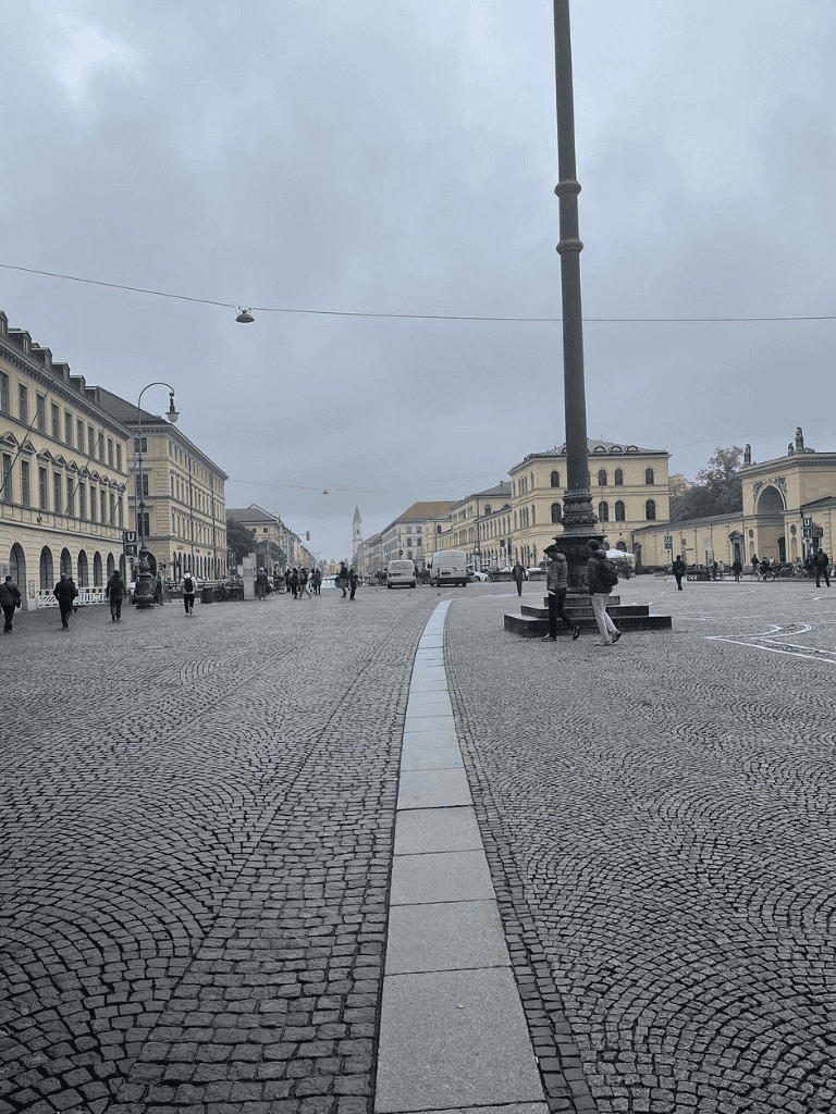 Overcast city street with historic architecture and cobblestone pavement, European urban scene.
