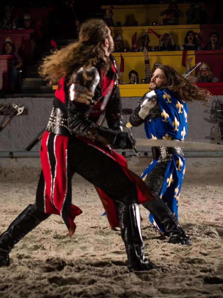 Medieval combat reenactors with swords at QuestForDirections medieval event.