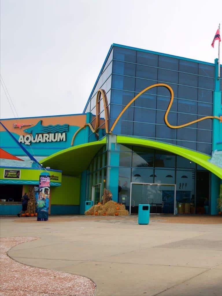 Colorful aquarium building with fishing boat sign and outdoor entrance, bright and inviting marine life attraction.