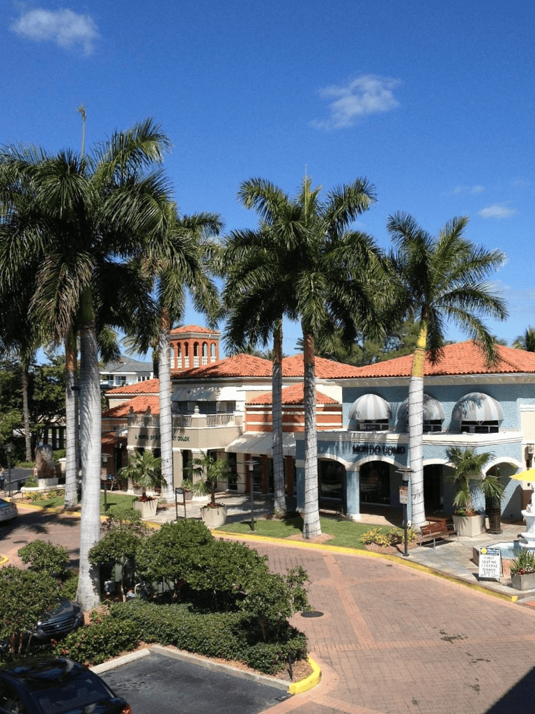Bright sunny day with palm trees and shopping center, perfect for browsing local boutiques and cafes.