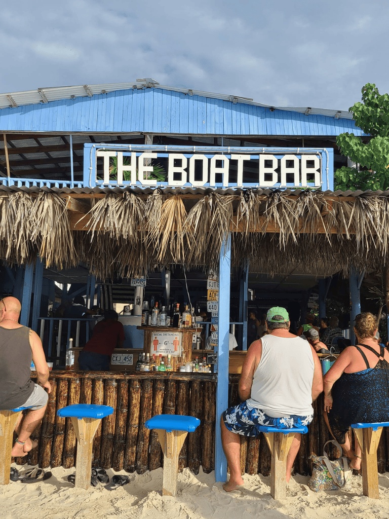Outdoor beach bar with seating, palm drinks, and ocean view, perfect for tropical vacation relaxation.