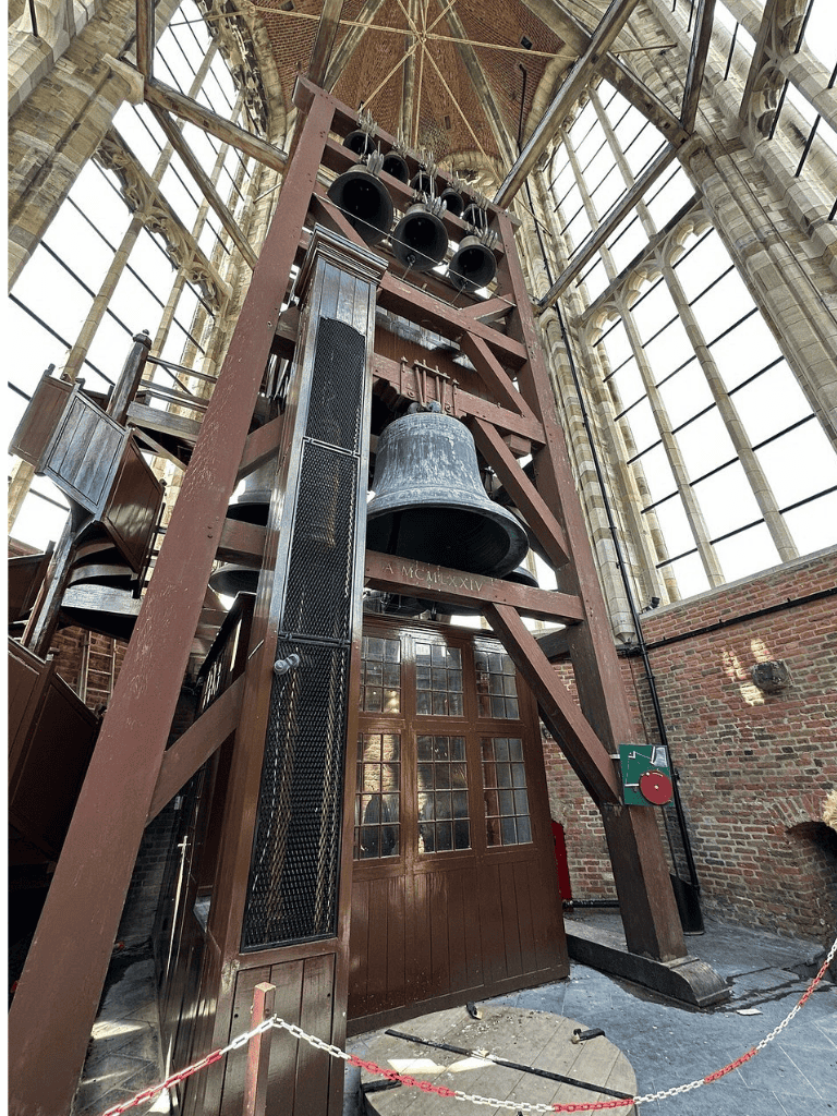 Historic church bell tower with modern sound system inside.
